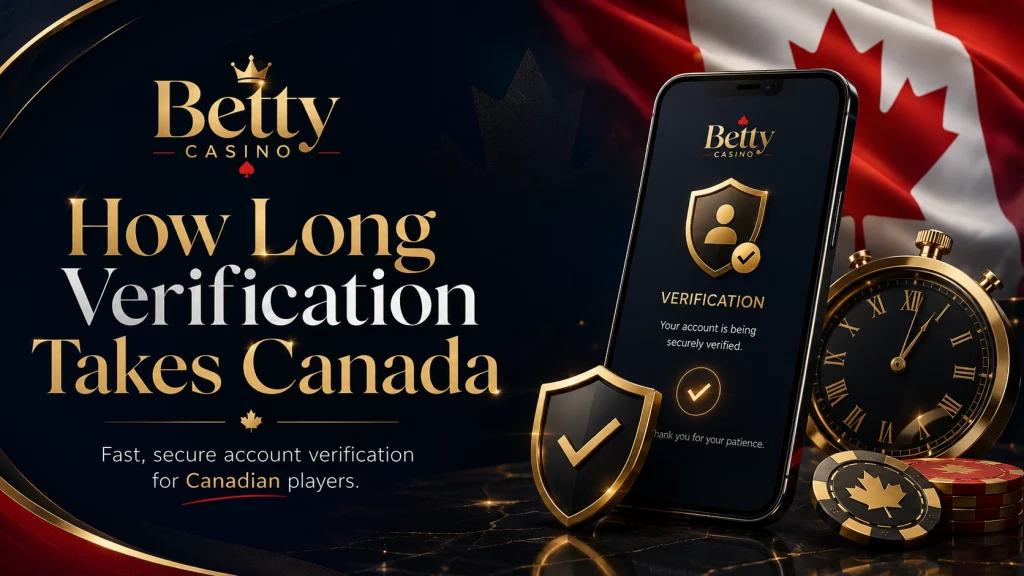 Betty Casino Canada verification time banner with secure mobile account check, Canadian flag, stopwatch, shield icon, and premium casino design.