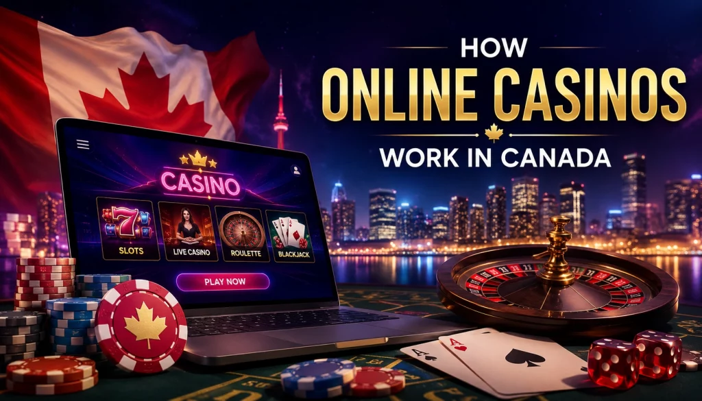 Luxury Betty Casino Canada banner with online casino interface, roulette wheel, poker chips, Canadian skyline, neon lights, and premium digital gaming atmosphere in landscape format.