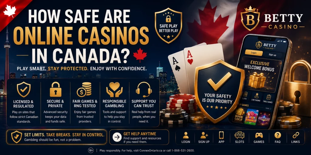 How Safe Are Online Casinos in Canada banner with secure online casino concept, Canadian player protection theme, luxury casino elements, and responsible gambling design for Betty Casino