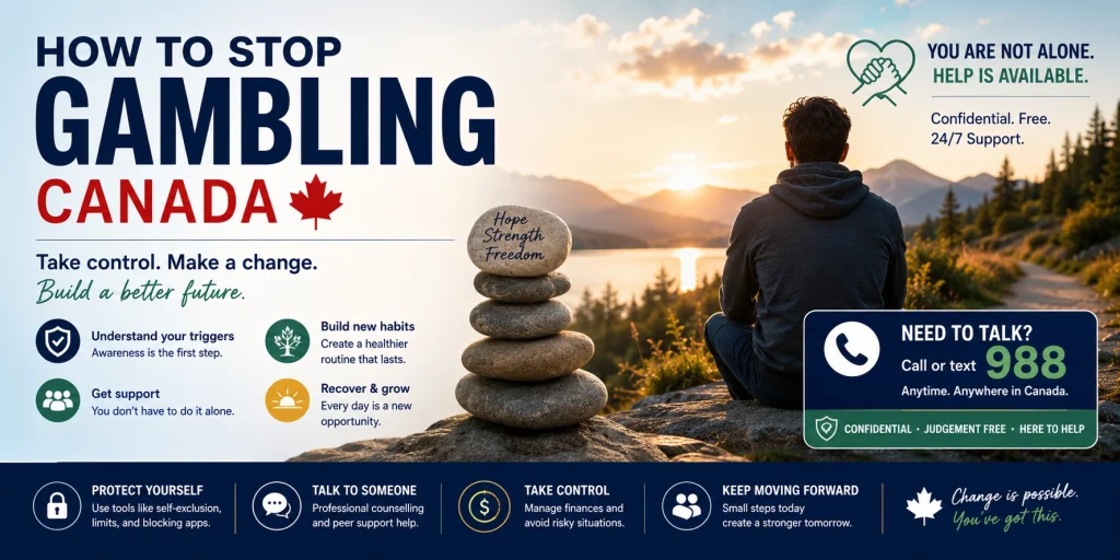 Wide emotional recovery banner for the “How To Stop Gambling Canada” page featuring a calm Canadian landscape at sunset, a reflective person sitting near a lake, soft blue and gold tones, supportive atmosphere, recovery symbolism, and themes of hope, control, and safer life rebuilding without gambling.