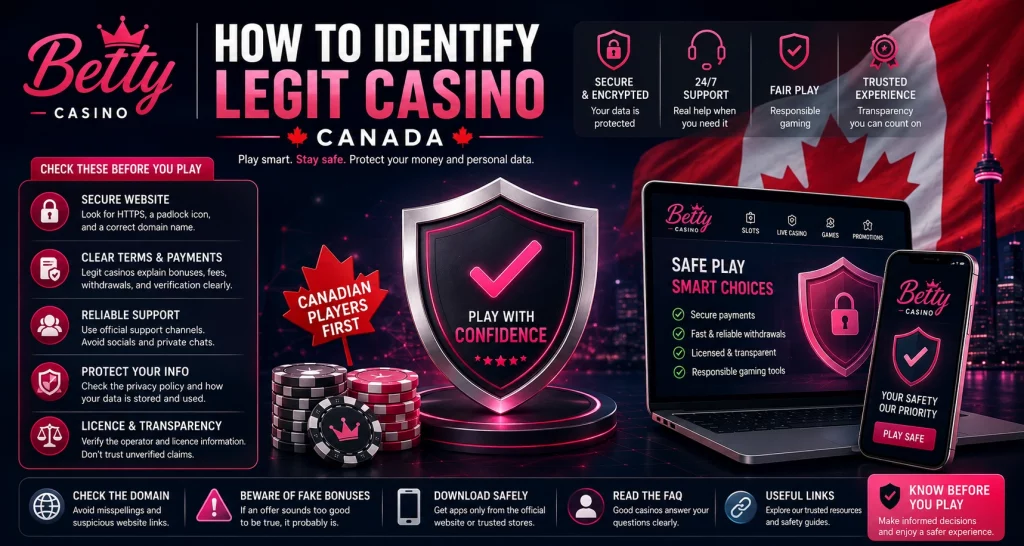 How to Identify Legit Casino Canada banner with Betty Casino branding, secure shield, Canadian flag background, safe payment icons, trusted support symbols, and online safety checklist.