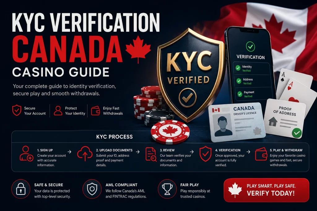 KYC Verification Canada casino guide banner with Canadian flag, secure identity shield, mobile verification screen, ID card and proof of address documents