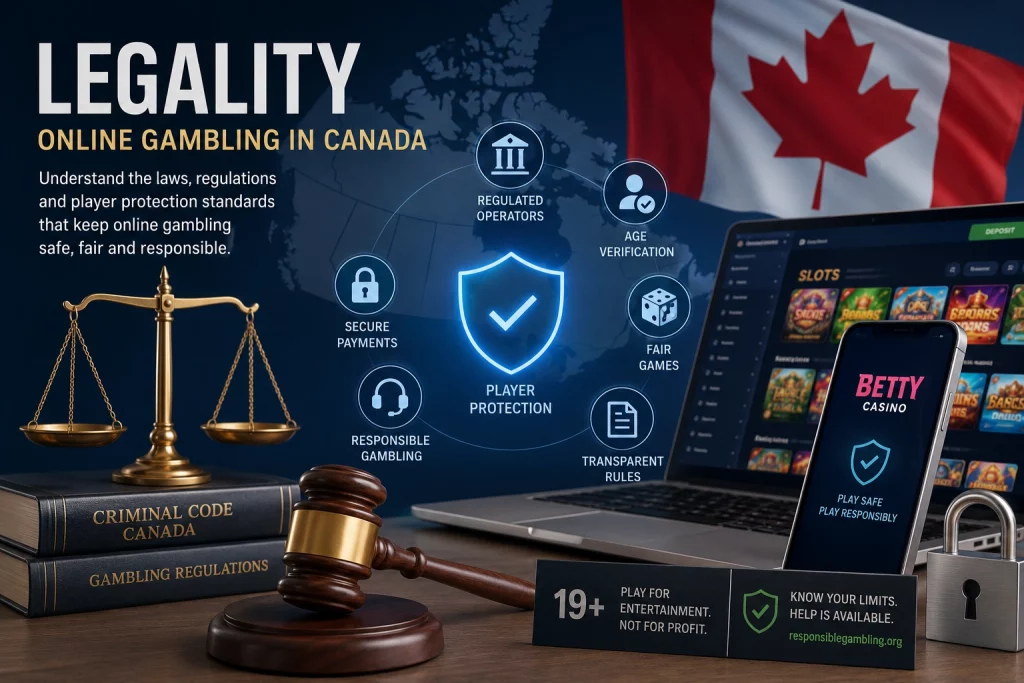 Betty Casino legality guide banner showing Canadian online gambling laws, player protection, secure payments, responsible gambling tools, and legal compliance in Canada.