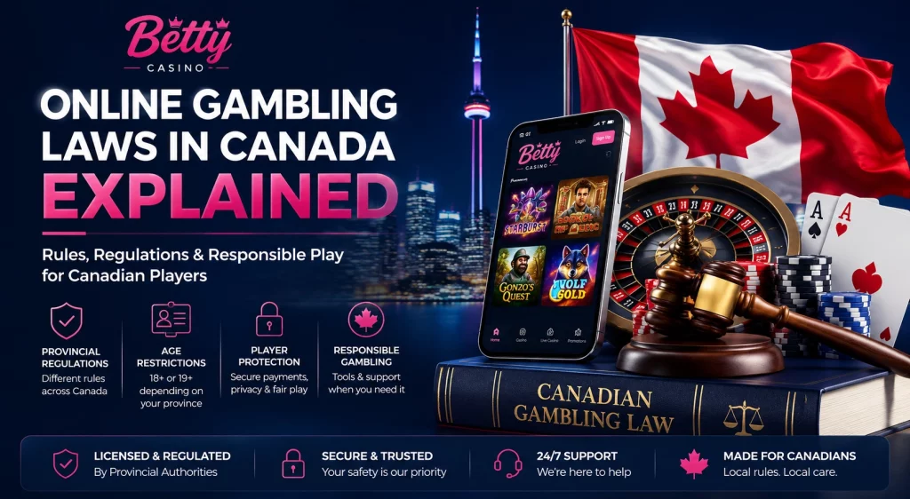 Betty Casino Online Gambling Laws in Canada Explained banner with Canadian flag, casino elements, legal symbols, roulette wheel, mobile casino app, and responsible gambling information for Canadian players.