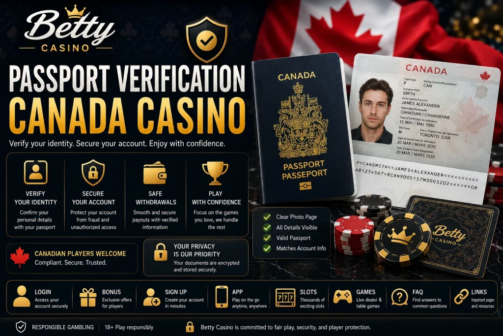 Betty Casino passport verification Canada banner with Canadian passport, verified identity card, casino chips, and secure withdrawal elements.
