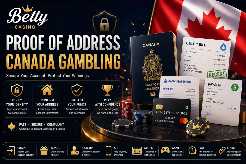 Betty Casino proof of address Canada gambling banner with Canadian passport, utility bill, bank statement, payment card, and luxury casino elements.