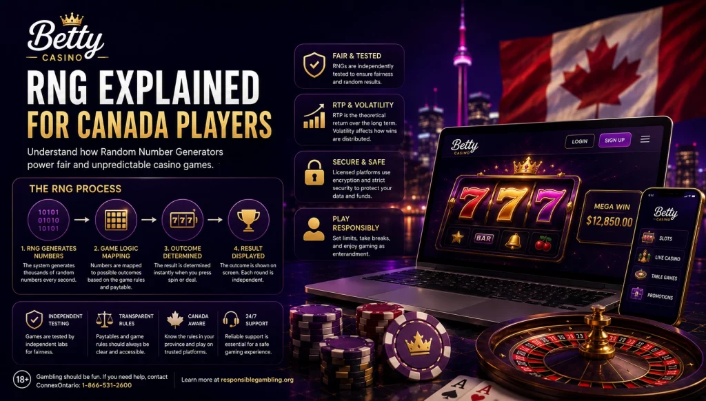 Educational RNG casino banner for Canada players featuring digital slot reels, glowing data streams, secure gaming interface, roulette elements, and modern blue-purple casino visuals in landscape format.