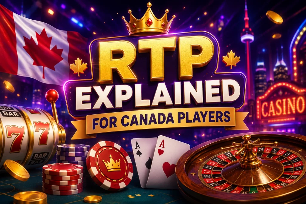 Luxury RTP casino banner for Canada players with glowing slot reels, roulette wheel, poker chips, neon lights, and premium purple-blue gaming atmosphere in landscape format.