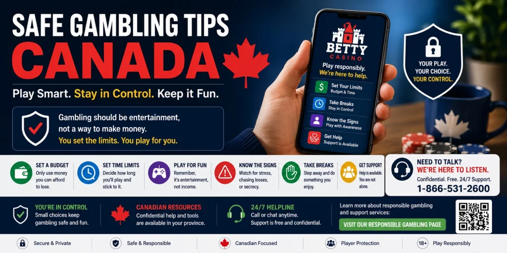 Safe Gambling Tips Canada banner with responsible gaming guidance, player protection tools, safer online casino habits, and Canadian responsible gambling support for Betty Casino