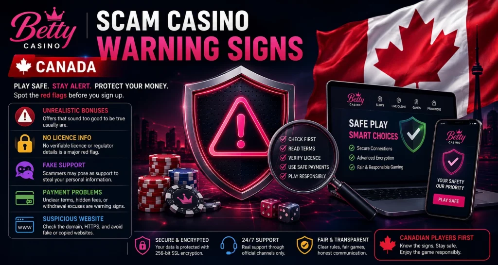 Scam Casino Warning Signs Canada banner with Betty Casino branding, fraud alert shield, secure payment symbols, warning icons, and Canadian cybersecurity theme.