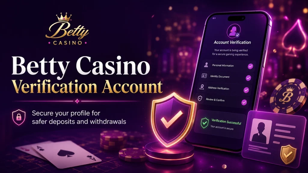 Betty Casino verification account banner with secure profile check, mobile verification screen, ID card, shield icon and purple casino background