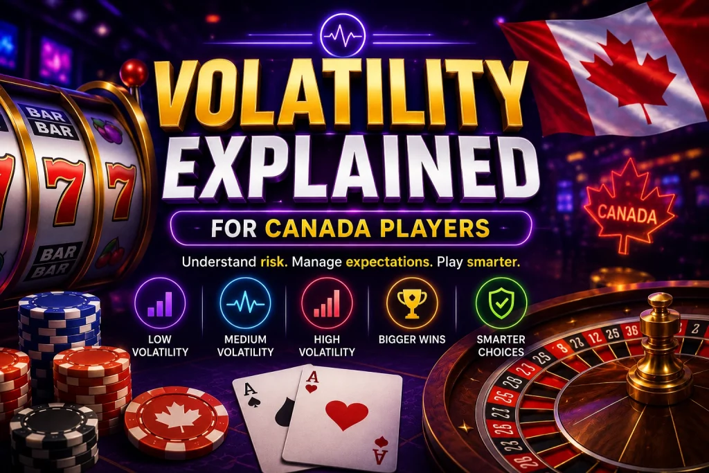 Neon volatility casino banner for Canada players with glowing slot machine, roulette wheel, poker chips, Canadian flag, and premium purple-blue gaming atmosphere in landscape format.