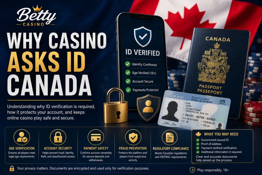 Betty Casino ID verification Canada banner with passport, driver’s licence, secure account check, payment safety icons, and Canadian casino background.