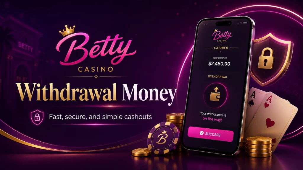 Betty Casino withdrawal money banner with mobile cashier screen, secure payout icon, gold coins, cards and purple neon casino background