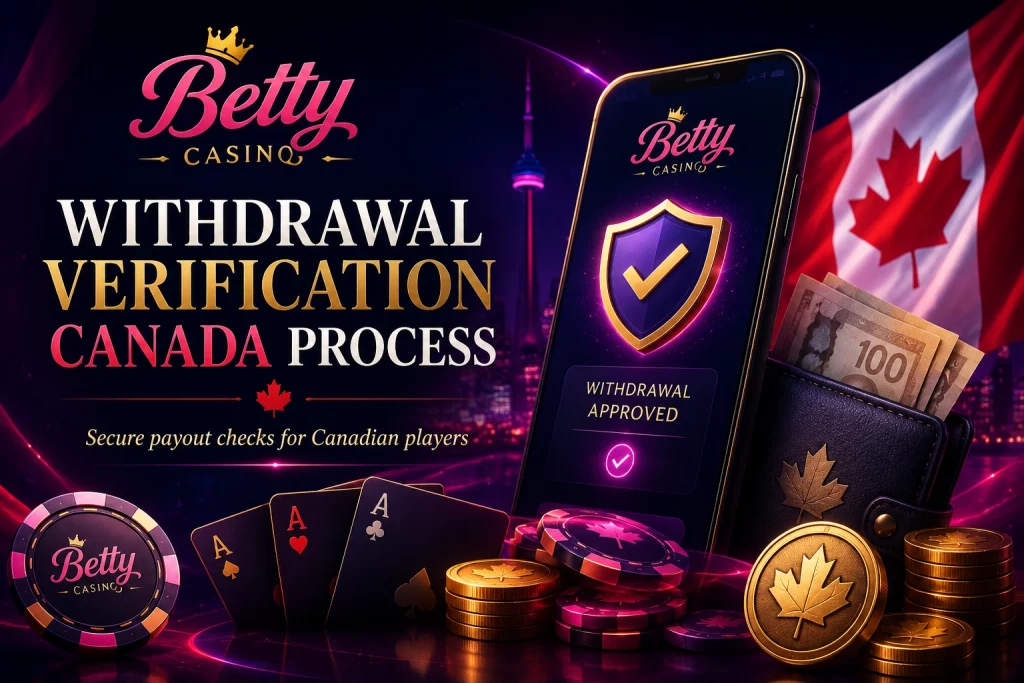 Betty Casino withdrawal verification process for Canadian players with secure payment approval and document check visuals