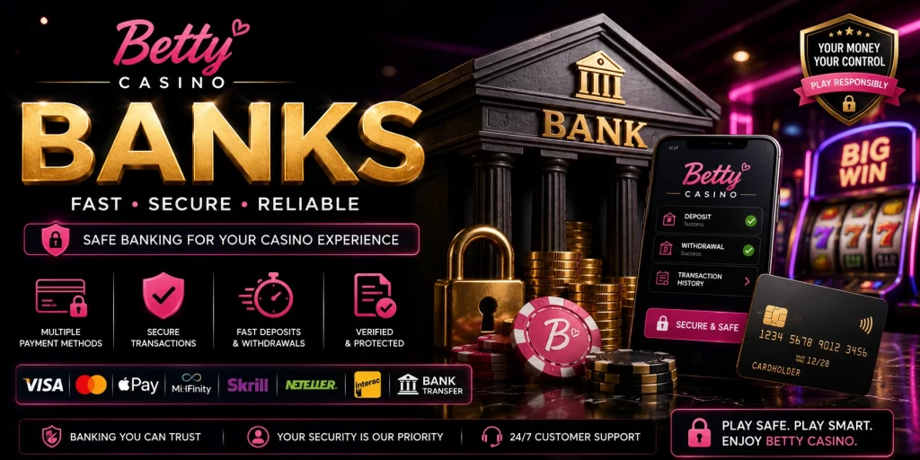 Betty Casino Banks – secure online casino banking with bank building, payment cards, mobile banking app, transaction security, deposits, withdrawals, and protected financial management.