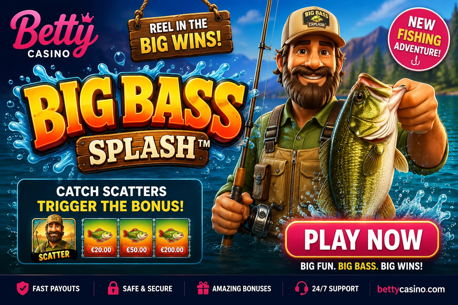 Big Bass Splash slot banner for Betty Casino with fishing theme, fisherman, bass fish, bonus symbols, and play now button.