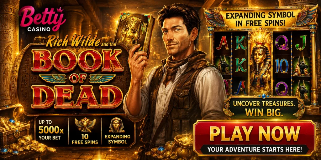 Book of Dead banner for Betty Casino with ancient Egyptian temple, explorer character, golden treasure, slot reels, free spins, and expanding symbol feature.