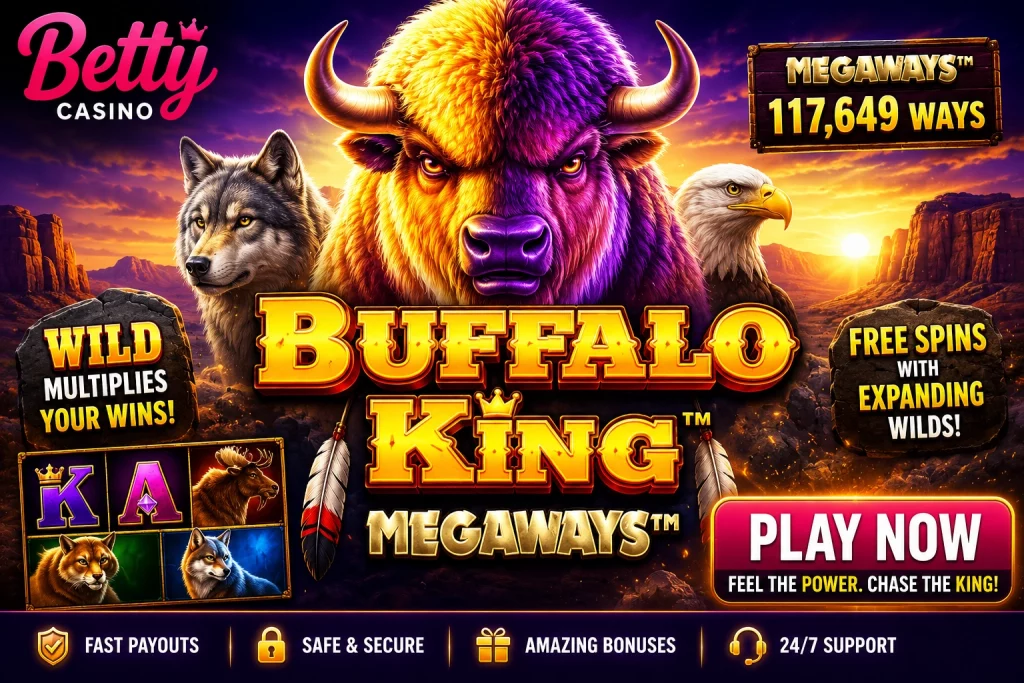 Buffalo King Megaways banner with a powerful buffalo, wild animals, desert sunset, Megaways text, free spins elements, and play now button.