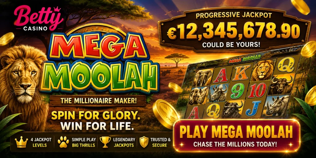 Mega Moolah banner for Betty Casino with safari background, lion, jackpot counter, slot reels, gold coins, and play Mega Moolah button.