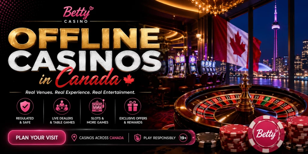 Betty Casino Offline Casinos in Canada – luxury Canadian casino interior with roulette table, slot machines, poker chips, Canadian flag, and modern city skyline representing the land-based casino experience.
