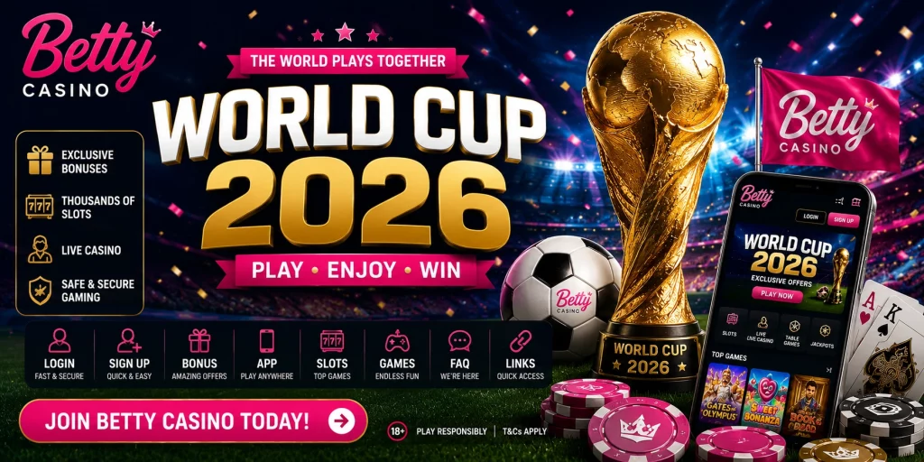 Betty Casino World Cup 2026 banner with golden football trophy, stadium lights, casino chips, playing cards, and mobile casino interface in a premium sports-themed design.